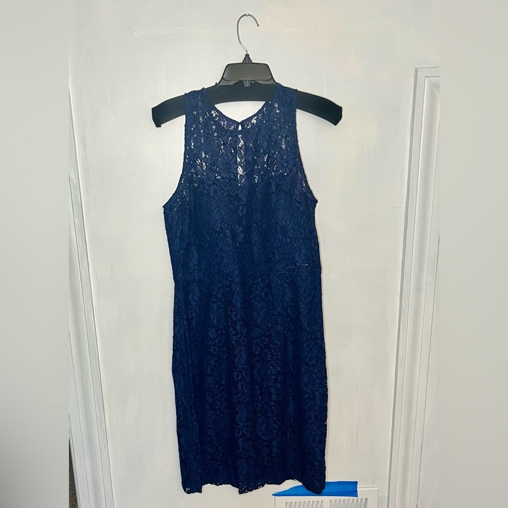 Donna Morgan lace sheath dress, keyhole back. Navy blue/deep indigo. Size 12.